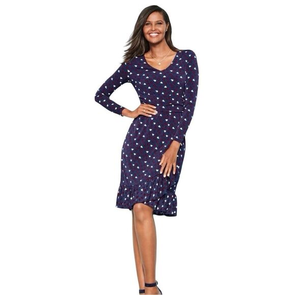Talbots Heart Print A-Line Jersey Sheath Dress Long Sleeve Navy Blue Size 6 - Picture 1 of 9